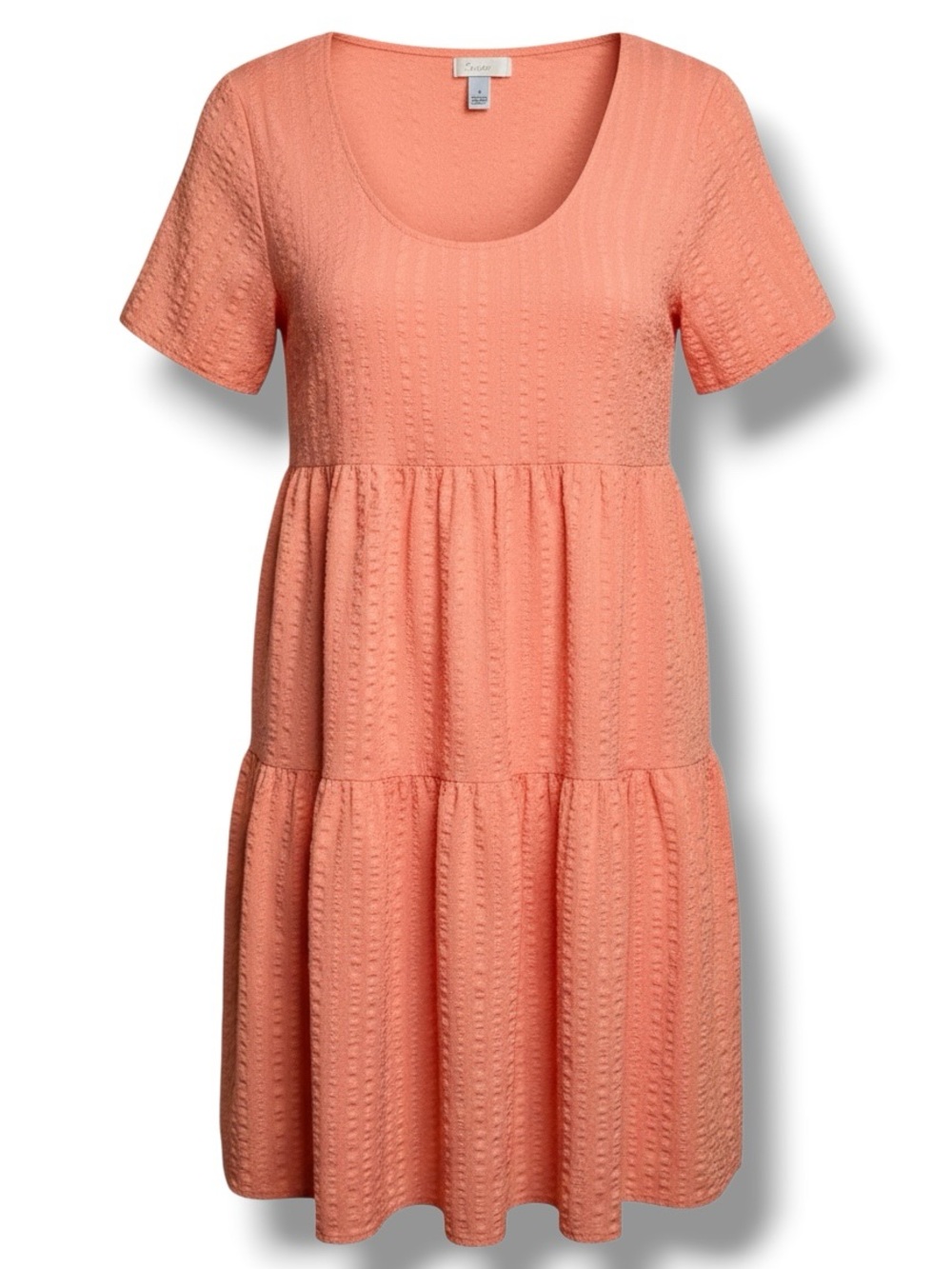 Coral Peach Textured 100% Cotton Tiered Mini Dress Babydoll Tunic Soft Pockets S